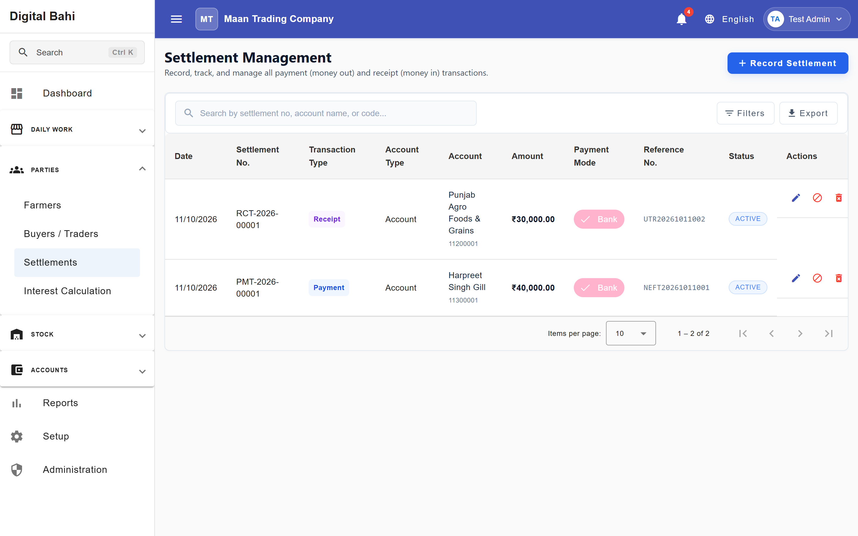 Settlement Management Register