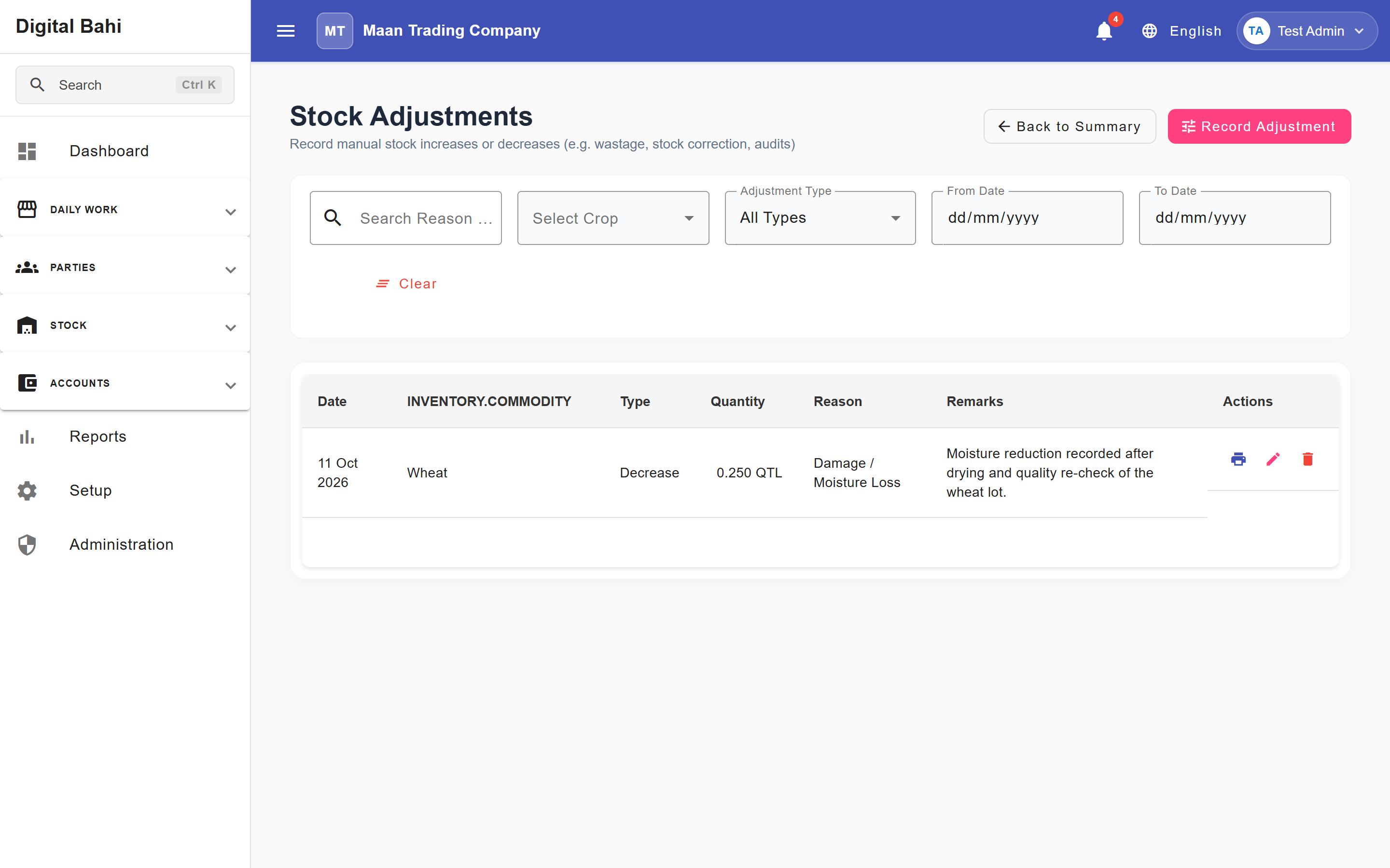 Stock Adjustments Register